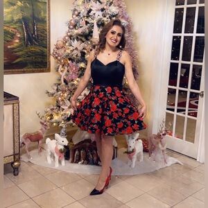 La Femme Black Dress with Red Floral Accents